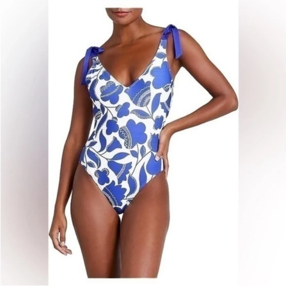 Kate Spade Floral Bow Shoulder Zigzag Blue & White Blueberry Swimsuit
